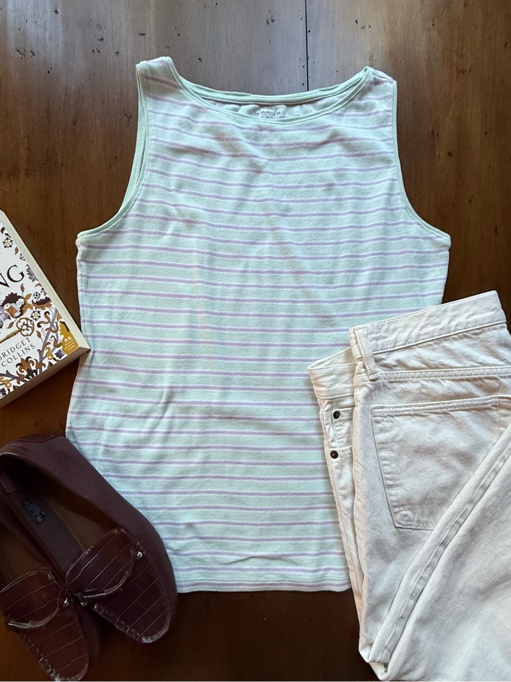Talbots Mint and Lilac Honey Mom Coastal Grandma 100% Cotton Striped Tank Top